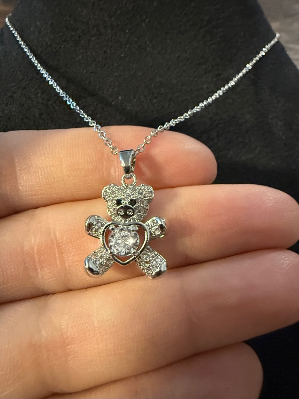 Gold plated Silver Teddy Bear Crystal Pendant Necklace - Women Jewelry